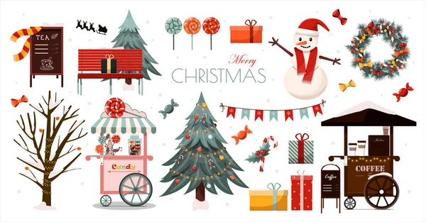 クリスマスのアイコンや要素の大きなベクトルセット。漫画クリスマスは、カード、クリスマスストリートを飾るための部品。クリスマスの前夜と新年のためのフラットデザイン。クリスマスツリー、ギフト、お菓子 — ストックベクタ