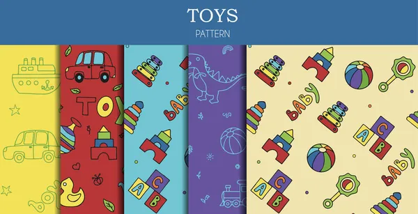 Conjunto de vetores de doodle padrão sem costura com brinquedos. Coleção de desenho manual de ícones de brinquedos para chuveiro de bebê ou scrapbook. Ilustração bonito para crianças —  Vetores de Stock