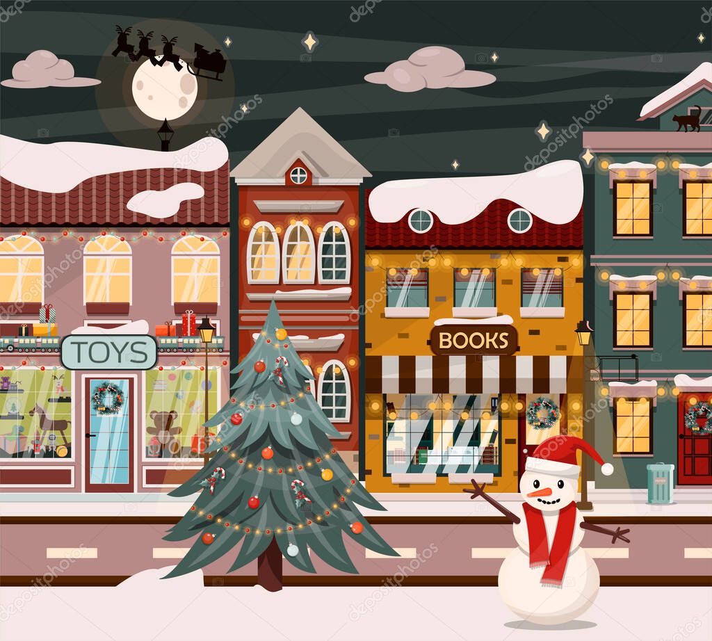 Vector winter street for Christmas. Cartoon illustration with a Christmas tree, houses, a snowman and festive decorations. European cities on Christmas Eve. New Year s Eve, background, postcard for