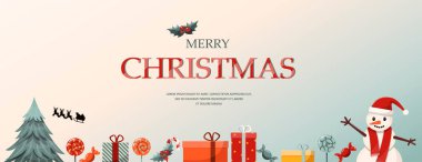 Düz vektör bayrağı. Mutlu Noeller. Karikatür Noel şablonu, şenlikli dekorasyon ve yemek. Kartpostallar ve davetiyeler için arka plan. Yeni yıl masasında turta, Noel çelengi, oyuncaklar ve