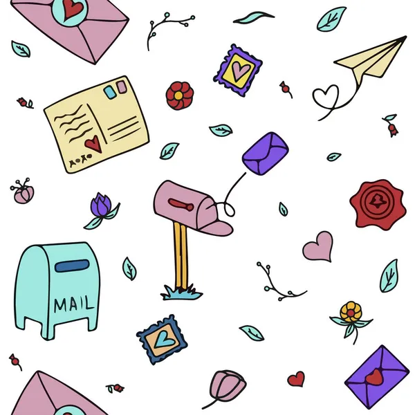 Vektor-Mail-Doodles Nahtloses Muster. Icons mit Papierumschlägen, Briefen, E-Mails. Ein Notizbuch für Kinder in einem Käfig mit Zeichnungen von Postgegenständen. Handgezeichnete Elemente für E-Mail — Stockvektor