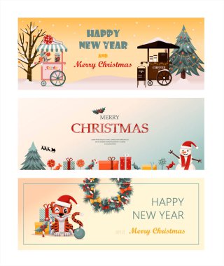 Bir dizi düz vektör pankartı. Büyük Noel indirimi. Karikatür Noel şablonu, şenlikli dekorasyon ve yemek. İçinde Noel çelengi, oyuncak ve çelenk olan yeni yıl kartı. Kartpostallar için arka plan ve