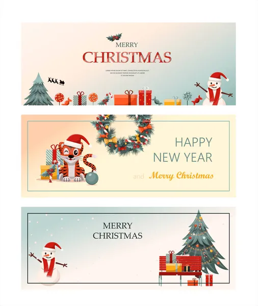 Set of flat vector banners Merry Christmas and happy new year. Cartoon Christmas template with festive decorations and food. Background for postcards and invitations. New Year s table with a pie and a — Stock Vector