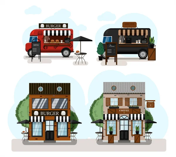 Un conjunto de camiones de comida vectorial, comida rápida y cafeterías. Hamburguesas de dibujos animados café y café iconos de la casa. Diseño plano de fachadas. Cliparts. Fachada de un restaurante salón con una terraza al aire libre de verano — Archivo Imágenes Vectoriales