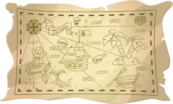 Vector Doodle Piratenset. Eine Karte mit einer handgezeichneten Skizze eines Nixenschiffes und Piratenutensilien. Vorlage für Kinderpostkarten. Karte der Schatzinsel. — Stockvektor
