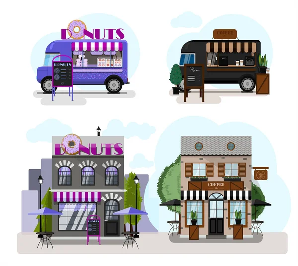 Un conjunto de vectores de camiones de comida, restaurantes y cafeterías. Dibujos animados donuts café y café iconos de la casa. Diseño plano de fachadas. Cliparts. Fachada de una heladería con terraza al aire libre de verano — Vector de stock