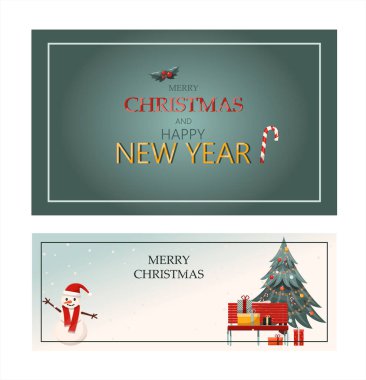 Düz vektör pankartları ve mutlu yıllar. Karikatür Noel şablonu, şenlikli dekorasyon ve yemek. Kartpostallar ve davetiyeler için arka plan. Yeni yıl masasında bir turta ve...