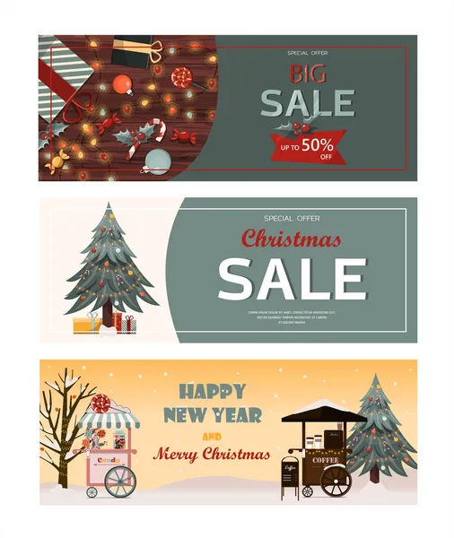 Set of flat vector banners Big Christmas sale. Cartoon Christmas template with festive decorations and food. New Year s card with a Christmas wreath, toys and garlands. Background for postcards and — Stock Vector