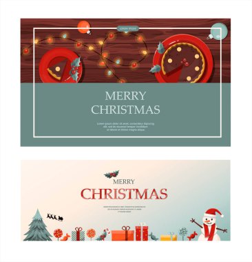 Bir dizi düz vektör pankartı. Büyük Noel indirimi. Karikatür Noel şablonu, şenlikli dekorasyon ve yemek. İçinde Noel çelengi, oyuncak ve çelenk olan yeni yıl kartı. Kartpostallar için arka plan ve