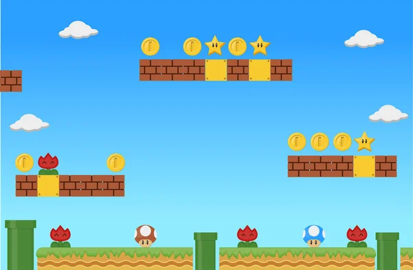 Vektoros szülinapi meghívó szuper Mario-val. Rajzfilm stílusú háttér sablont. Illusztráció elemekkel a játék — Stock Vector