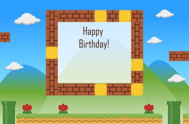 Süper Mario 'yla Vector düz doğum günü davetiyesi. Çizgi film tarzı arka plan şablonu. Oyun için ögelerle illüstrasyon