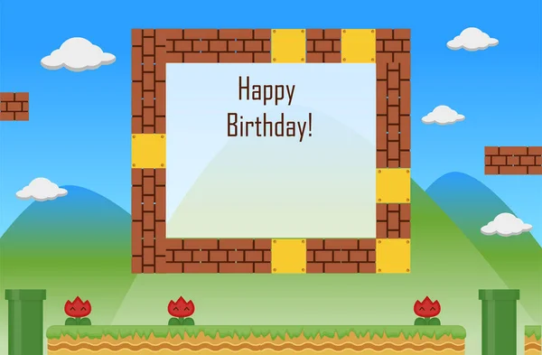 Vector flat birthday invitation with super mario. Cartoon-style background template. Illustration with elements for the game — Stock Vector