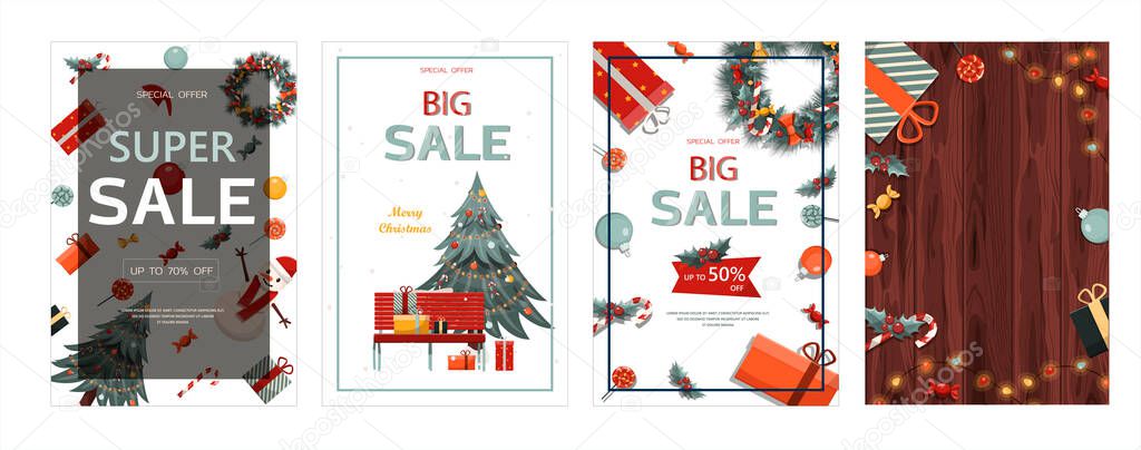 Set of flat vector banners Big Christmas sale. Cartoon Christmas template with festive decorations and food. New Year s card with a Christmas wreath, toys and garlands. Background for postcards and