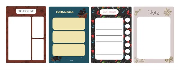벡터는 주간 계획을 짜고 리스트를 작성하고 노트를 작성하고 낙서 해적 프린트로 배경을 만들죠. 낙서 스케치를 한 학교 기획자 입니다. 인어 선박 과 해적 물품을 수작업으로 그린 스케치가 있는 지도입니다. 템플 — 스톡 벡터