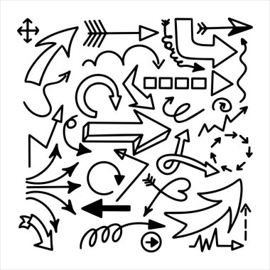 Karalama vektör okları ayarlandı. El çizimi iş simgeleri. Okul için çizim çizimi, sunum