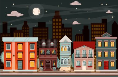 Şehirde evleri olan vektör gece caddesi. Şehir merkezi ve apartmanlı bir çizgi film çizimi. Arka plan düz stil. Yazın Avrupa kenti