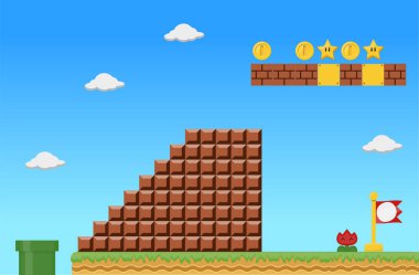 Süper Mario 'yla Vector düz doğum günü davetiyesi. Çizgi film tarzı arka plan şablonu. Oyun için ögelerle illüstrasyon