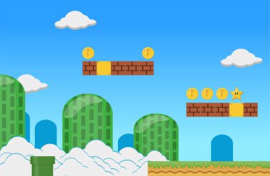 Süper Mario 'yla Vector düz doğum günü davetiyesi. Çizgi film tarzı arka plan şablonu. Oyun için ögelerle illüstrasyon