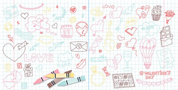 Gran conjunto de garabatos de iconos para el día de San Valentín. Ilustración vectorial para el feriado del 14 de febrero. Conjunto de sorteo de mano para romance, boda, fecha, invitación, tarjeta de felicitación, amor. Iconos para pancartas, ventas — Vector de stock