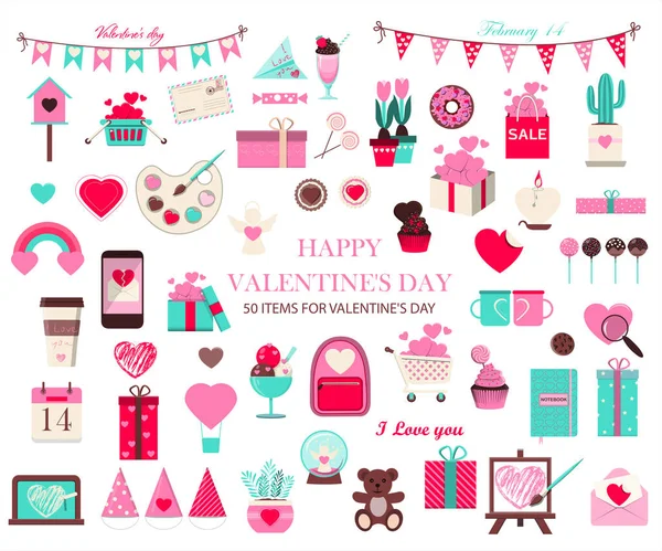 Big set of icons for Valentine s day. Vector illustration of 50 objects for the holiday on February 14. Set of flat design drawings for romance, wedding, date, invitation, greeting card, love. Icons — Stockvector