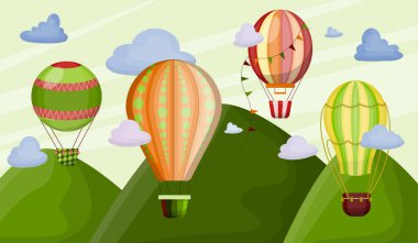 Bulutlu sıcak hava balonları. Uçan araçların düz çizimi. Romantik balonlar. Uçmak için turist balonlarıyla gökyüzü. Çizgi film biçimi