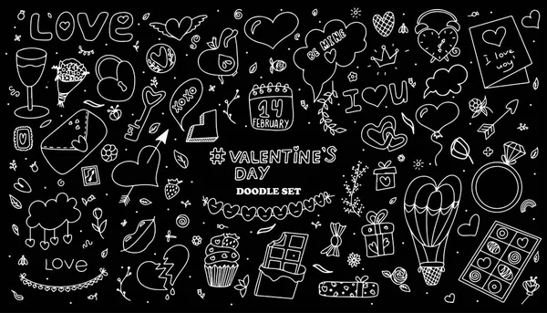 Big doodle set of icons for Valentine s day. Vector illustration for the holiday on February 14. Hand draw set for romance, wedding, date, invitation, greeting card, love. Icons for banners, sales — Stockvector