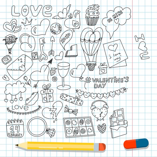 Big doodle set of icons for Valentine s day. Vector illustration for the holiday on February 14. Hand draw set for romance, wedding, date, invitation, greeting card, love. Icons for banners, sales — Stockvektor