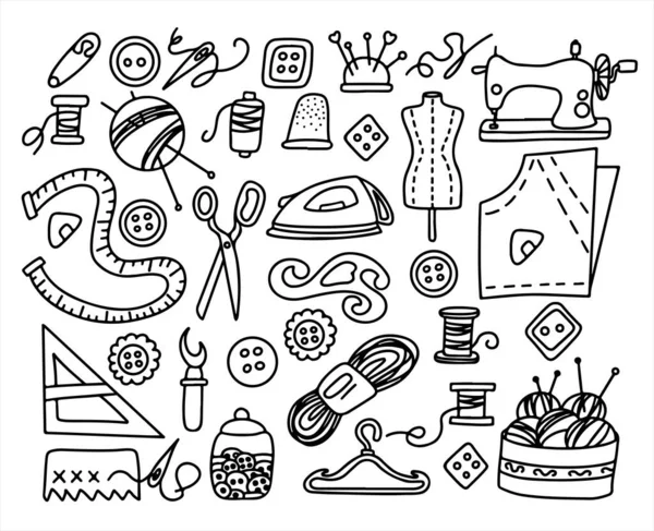Big vettore doodle cucire set. Icone degli utensili sartoriali vettoriali. Manichino per cucire, macchina, forniture di misura e taglio, contorno nero. Schizzo con professioni — Vettoriale Stock
