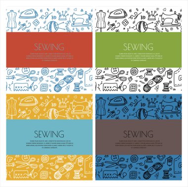 Vektör karalama dikiş afişleri. Vektör biçimlendirme araçları simgeleri. Manken dikmek, makina, ölçüm ve malzeme kesmek, siyah hatlar. Meslekleri olan çizim