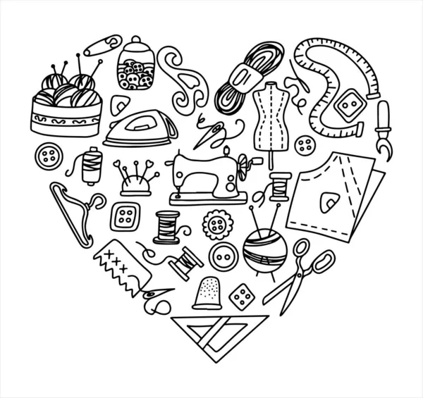 Vector Doodle Nähset mit Herz und Liebe. Vector Schneiderwerkzeuge Symbole. Nähen Schaufensterpuppe, Maschine, Mess- und Schneidezubehör, Black outline. Sketch mit Berufen — Stockvektor