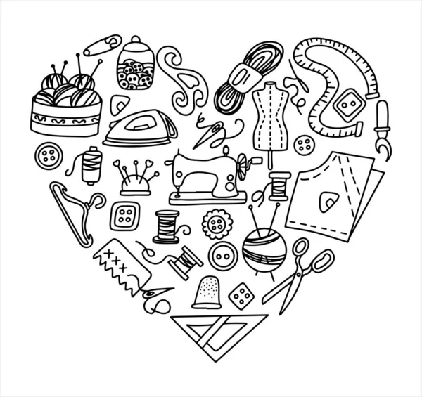 Set de costura vectorial doodle con corazón y amor. Vector de herramientas de sastrería iconos. Maniquí de costura, máquina, suministros de medición y corte, contorno negro. Bosquejo con profesiones — Vector de stock