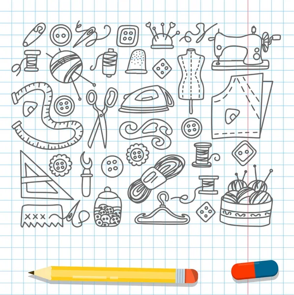 Conjunto de costura grande vetor doodle. Ícones de ferramentas de alfaiataria vetorial. Manequim de costura, máquina, medição e corte de suprimentos, contorno preto. Esboço com profissões — Vetor de Stock