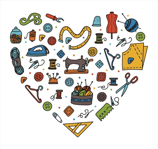 Set de costura vectorial doodle con corazón y amor. Vector de herramientas de sastrería iconos. Maniquí de costura, máquina, suministros de medición y corte, contorno negro. Bosquejo con profesiones — Vector de stock