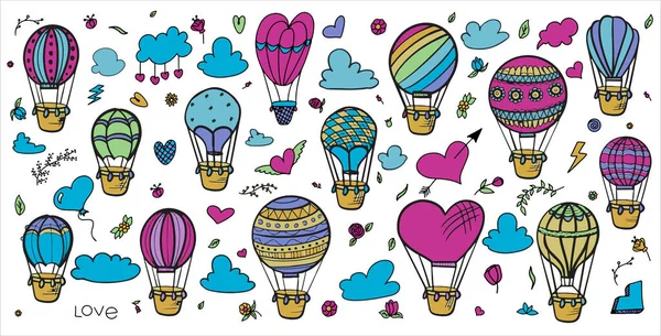 Doodle vector conjunto de globos de aire caliente con nubes. Colorido dibujo a mano ilustración vehículos voladores. Globos románticos. Cielo con globos turísticos para el vuelo. Estilo de dibujos animados — Vector de stock