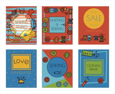 Vektör karalama dikiş afişleri. Vektör biçimlendirme araçları simgeleri. Manken dikmek, makina, ölçüm ve malzeme kesmek, siyah hatlar. Meslekleri olan çizim