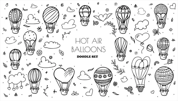 Doodle vector set van heteluchtballonnen met wolken. Kleurrijke hand tekening illustratie vliegende voertuigen. Romantische ballonnen. Lucht met toeristische ballonnen voor de vlucht. Cartoon stijl — Stockvector