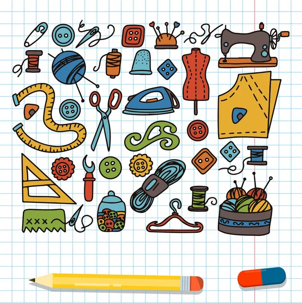 Big vettore doodle cucire set. Icone degli utensili sartoriali vettoriali. Manichino per cucire, macchina, forniture di misura e taglio, contorno nero. Schizzo con professioni — Vettoriale Stock