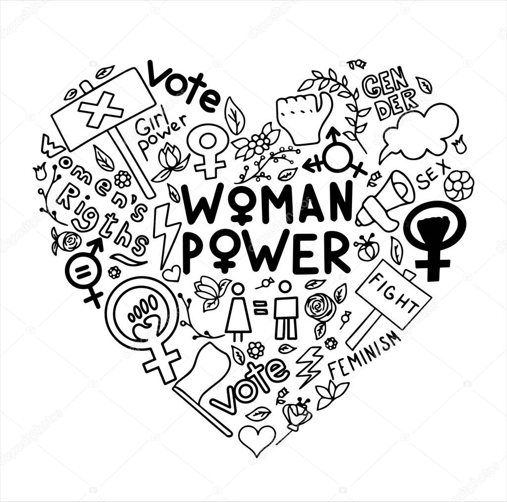 A set of doodle signs of feminism, women s rights. Grunge hand drawn vector icons for 8 march Feminism protest symbol isolated on transparency background. A rally to fight for voting rights.