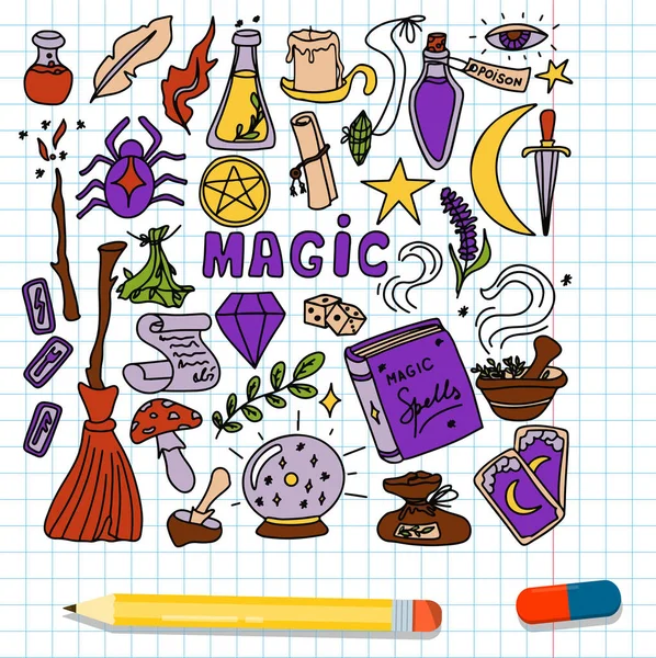 Magisches handgezeichnetes Doodle-Set. Vektor-Symbole magischer Gegenstände. Sammlung von Halloween-Elementen. Zauberbesen, Zaubertränke, Wahrsagerkarten, Runen, Bücher, Zauberstab, Sanduhr — Stockvektor