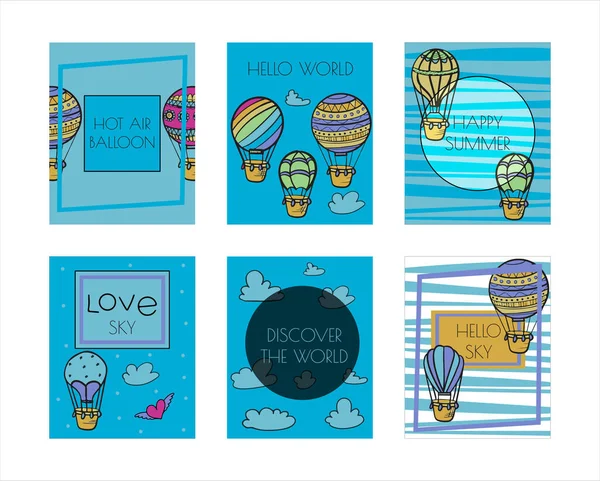 Doodle bannières vectorielles de montgolfières avec nuages. Illustration colorée dessin à la main des véhicules volants. Des ballons romantiques. Ciel avec ballons touristiques pour le vol. Cartoon style — Image vectorielle