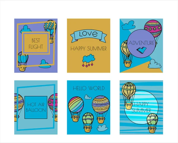 Doodle bannières vectorielles de montgolfières avec nuages. Illustration colorée dessin à la main des véhicules volants. Des ballons romantiques. Ciel avec ballons touristiques pour le vol. Cartoon style — Image vectorielle