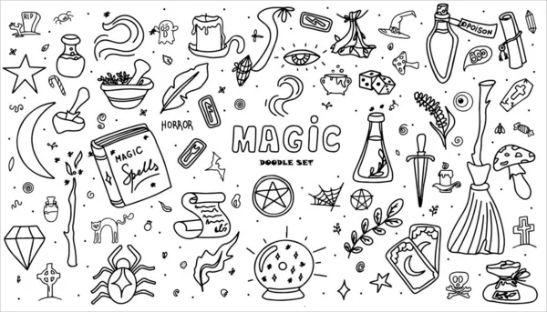 Magische handgetekende doodle set. Vector iconen van magische items. Collectie halloween elementen. Magische bezem, drankjes, waarzeggerij kaarten, runen, boeken, toverstaf, zandloper — Stockvector