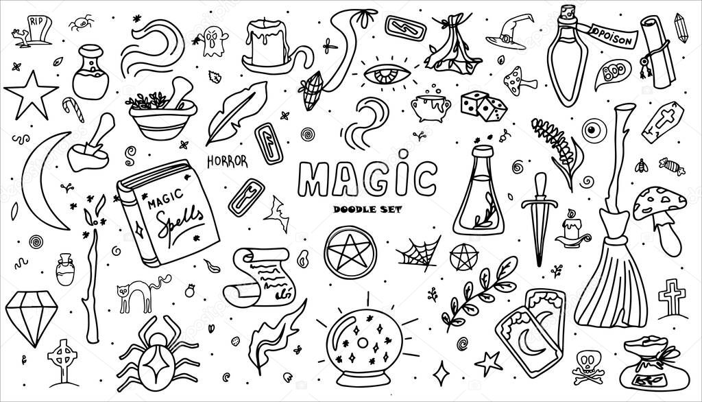Magic hand drawn doodle set. Vector icons of magic items. Collection halloween elements. Magic broom, potions, fortune-telling cards, runes, books, magic wand, hourglass.