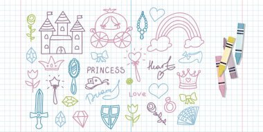 Vektör İllüstrasyonunu Ayarla Elle Çizilmiş Sketchy Peri Masalı Prenses Tacı Crown Doodle Tasarım Elementleri Tanıtımı. Davet, reklam, kitap için tırmanışlar