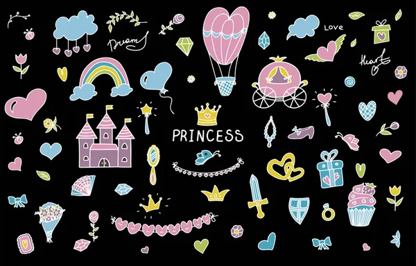 Állítsa vektor Illusztráció kézzel rajzolt vázlatos tündérmese hercegnő Tiara Crown Doodle Design Elements Set Vector Illusztráció. Ügyfelek meghívó, hirdetés, könyv — Stock Vector