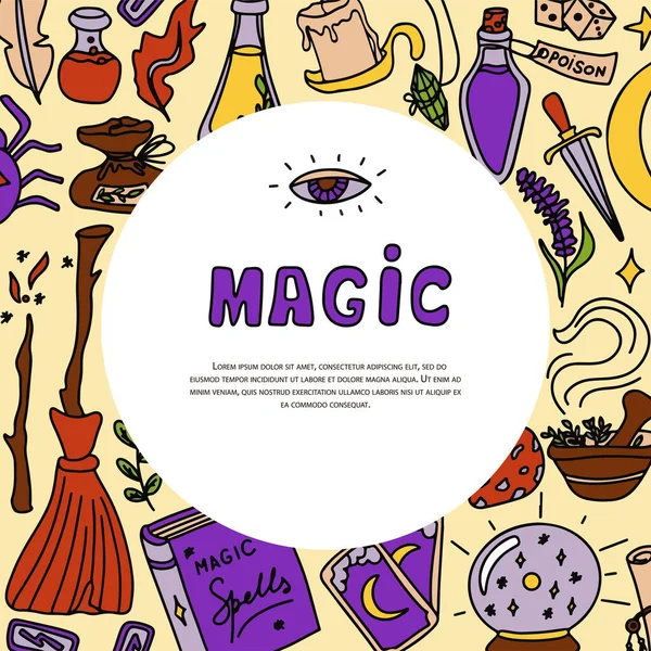 Bandiere magiche disegnate a mano. Icone vettoriali di oggetti magici. Collezione halloween elementi. Scopa magica, pozioni, carte lungimiranti, rune, libri, bacchetta magica, clessidra — Vettoriale Stock