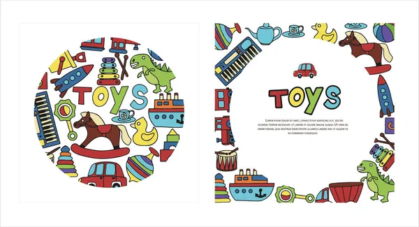 Векторные игрушки рисуют баннеры. Карты с игрушками для детской вечеринки или альбома. Симпатичная иллюстрация для детей — стоковый вектор