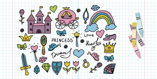 Zestaw Wektor Ilustracja Ręcznie rysowane Sketchy Fairy Tale Princess Tiara Crown Doodle Design Elements Set Vector Ilustracja. Cliparts na zaproszenie, ogłoszenie, książka — Wektor stockowy