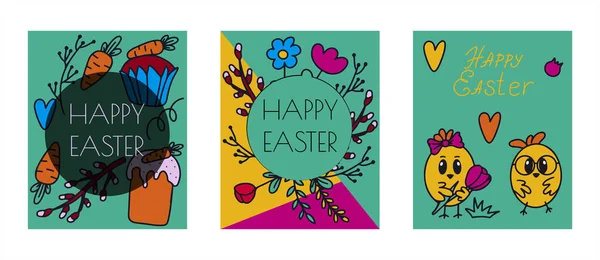 Easter traditional doodle banners - eggs, chickens, basket, Christian vector set decorating. Vector hand drawings ilustration isolated Background cards — Stock Vector