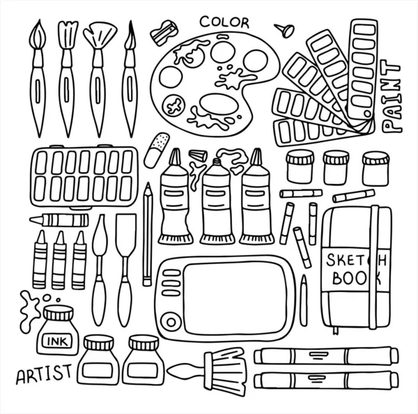 Desenho de ferramentas de arte vetorial. conjunto mão desenhado material artista vetor s. Doodle comprimido gráfico, marcadores e tintas. Fundo de arte — Vetor de Stock